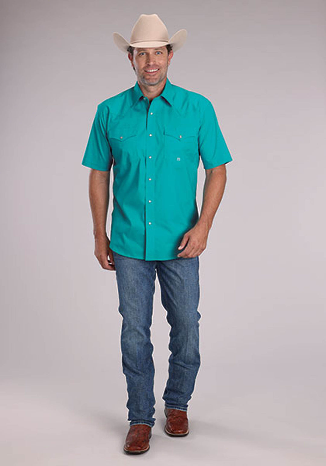 MENS SOLID STRETCH POPLIN - TURQUOISE SHORT SLEEVE SNAP WESTERN SHIRT