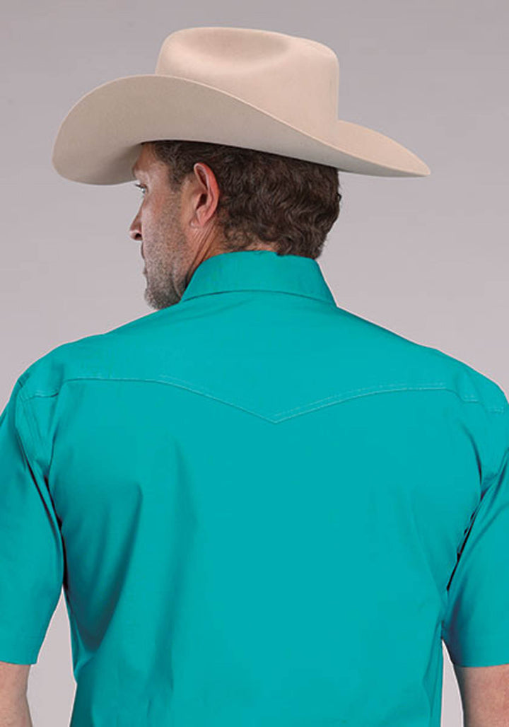 MENS SOLID STRETCH POPLIN - TURQUOISE SHORT SLEEVE SNAP WESTERN SHIRT