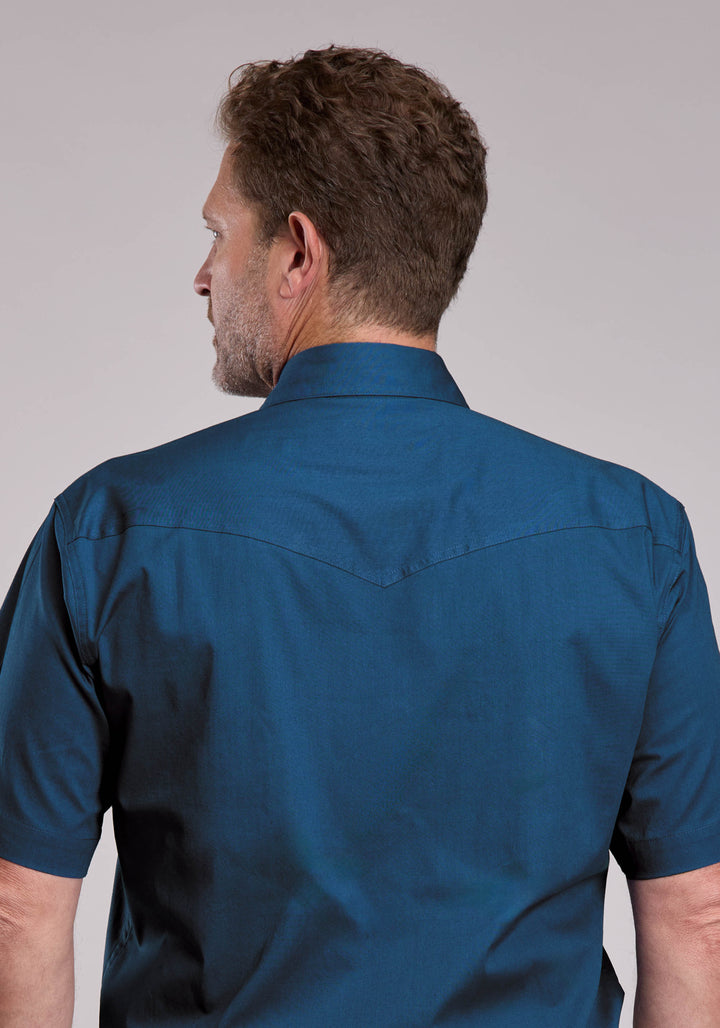 MENS ROPER SOLID STRETCH NAVY SHORT SLEEVE SNAP SHIRT