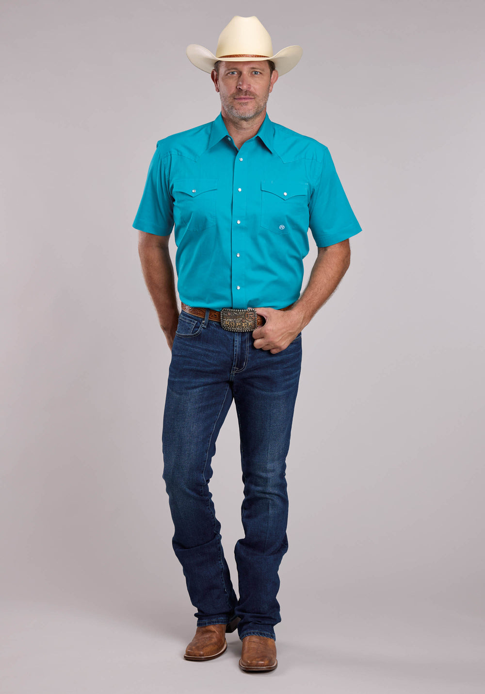 MENS ROPER SOLID STRETCH TURQUOISE SHORT SLEEVE SNAP SHIRT