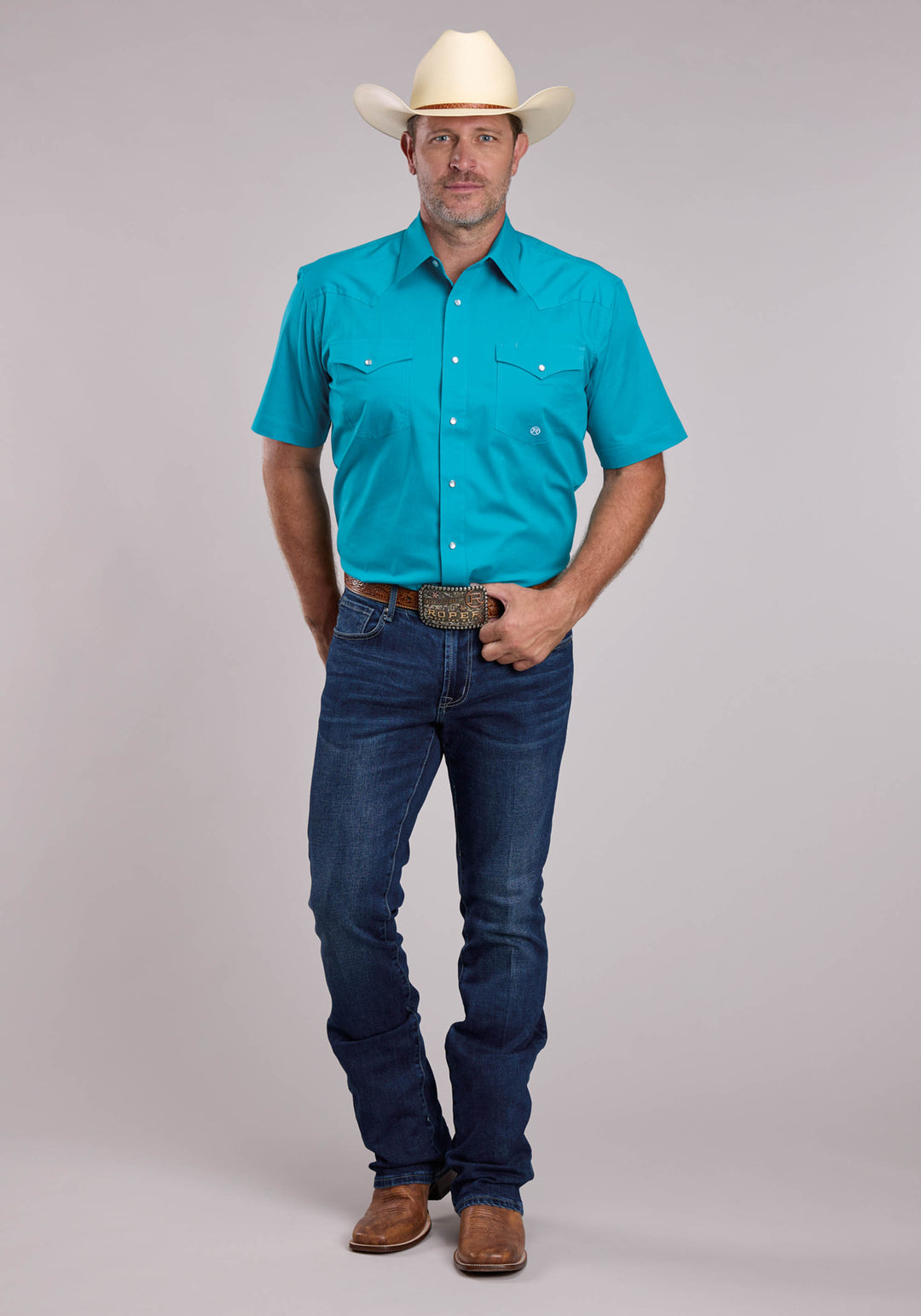 MENS ROPER SOLID STRETCH TURQUOISE SHORT SLEEVE SNAP SHIRT