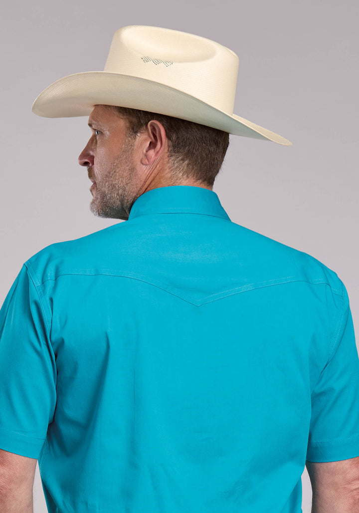 MENS ROPER SOLID STRETCH TURQUOISE SHORT SLEEVE SNAP SHIRT
