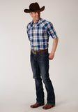 MENS SHORT SLEEVE SNAP ROYAL PLAID WESTERN SHIRT