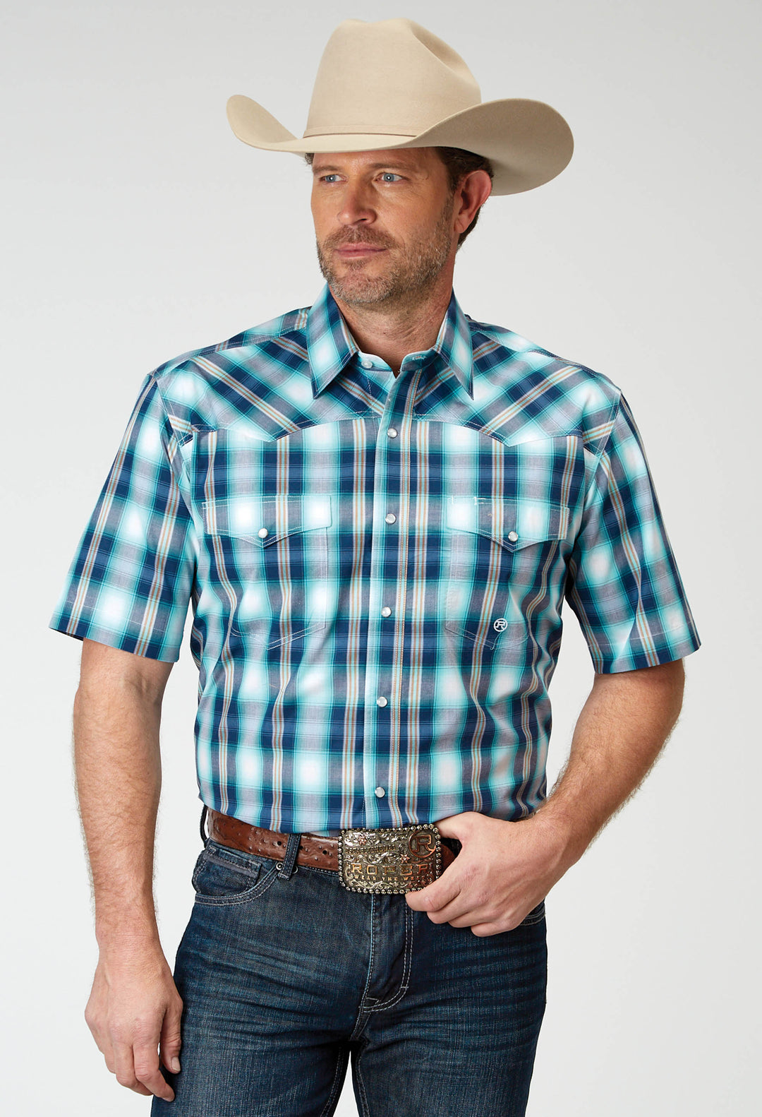 MENS SHORT SLEEVE SNAP COOL BREEZE PLAID WESTERN SHIRT