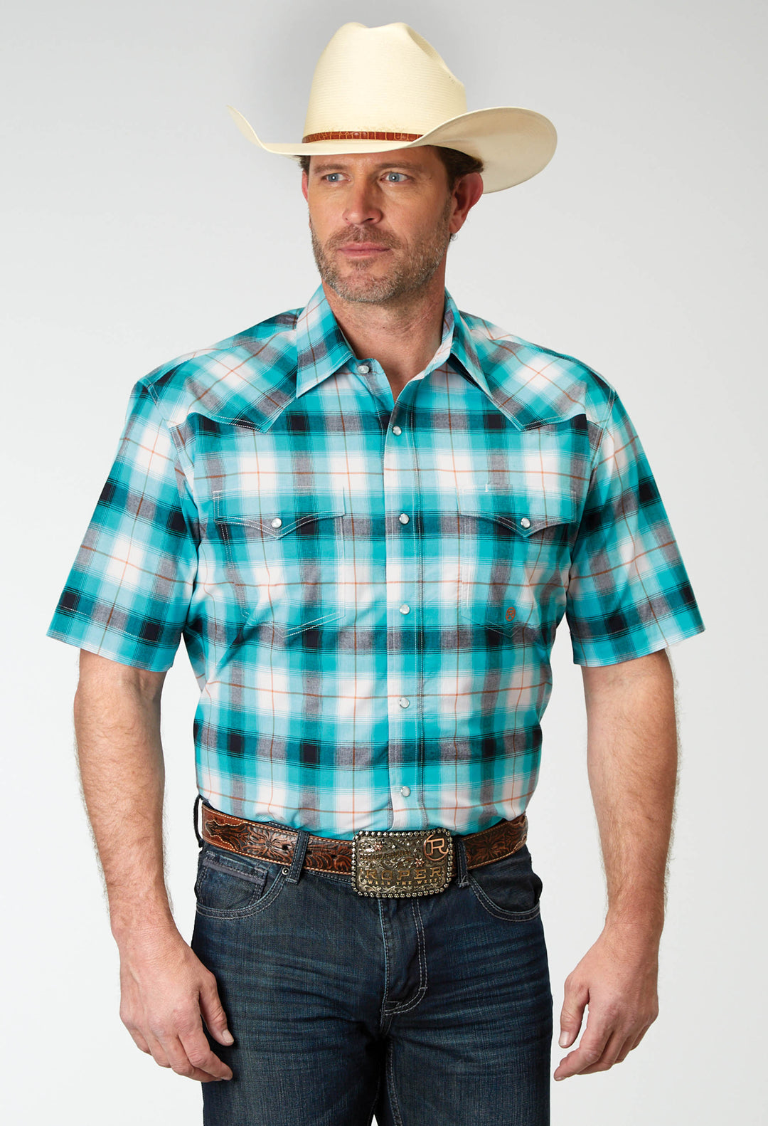 MENS SHORT SLEEVE SNAP STRETCH POPLIN TURQUOISE PLAID WESTERN SHIRT