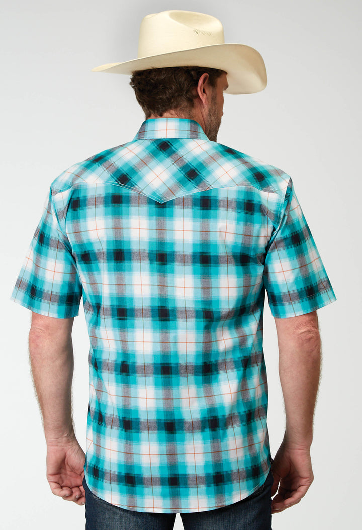 MENS SHORT SLEEVE SNAP STRETCH POPLIN TURQUOISE PLAID WESTERN SHIRT