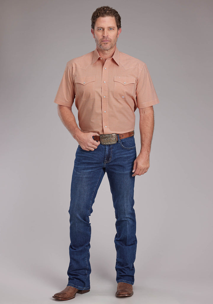 MENS STRETCH MINICHECK - ORANGE SHORT SLEEVE SNAP WESTERN SHIRT