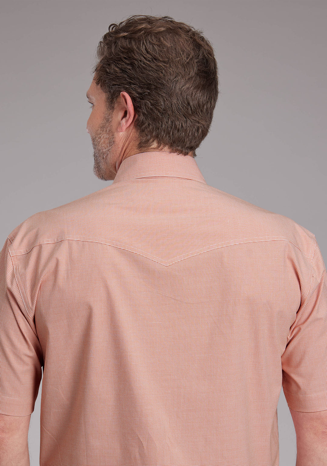 MENS STRETCH MINICHECK - ORANGE SHORT SLEEVE SNAP WESTERN SHIRT