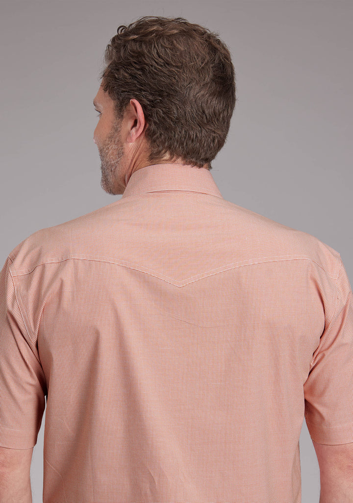 MENS STRETCH MINICHECK - ORANGE SHORT SLEEVE SNAP WESTERN SHIRT