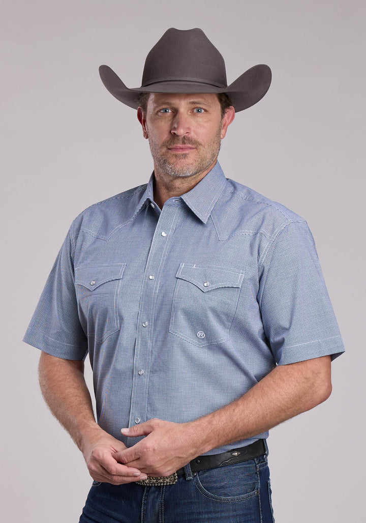 MENS ROPER STRETCH MINICHECK NAVY SHORT SLEEVE SNAP SHIRT