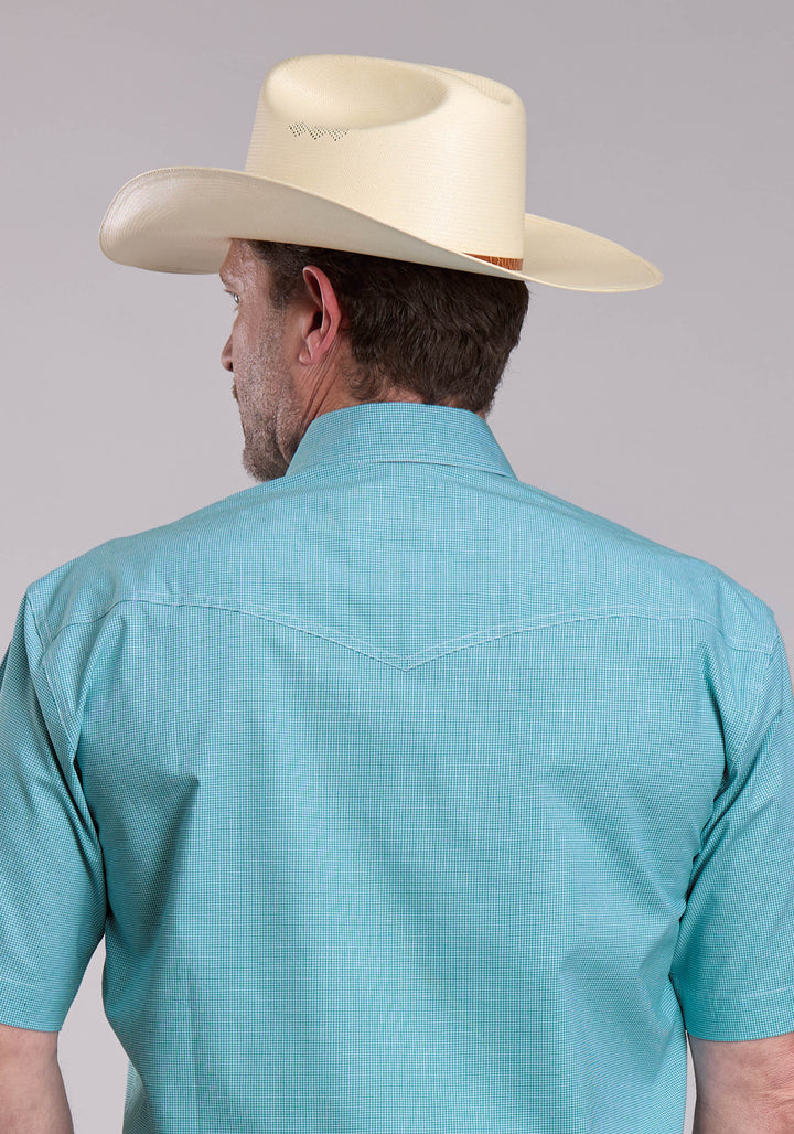 MENS ROPER STRETCH MINICHECK TURQUOISE SHORT SLEEVE SNAP SHIRT