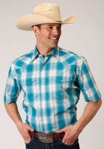 MENS SHORT SLEEVE SNAP TURQUOISE SAND OMBRE PLAID WESTERN SHIRT