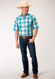 MENS SHORT SLEEVE SNAP TURQUOISE SAND OMBRE PLAID WESTERN SHIRT