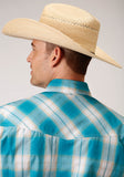 MENS SHORT SLEEVE SNAP TURQUOISE SAND OMBRE PLAID WESTERN SHIRT