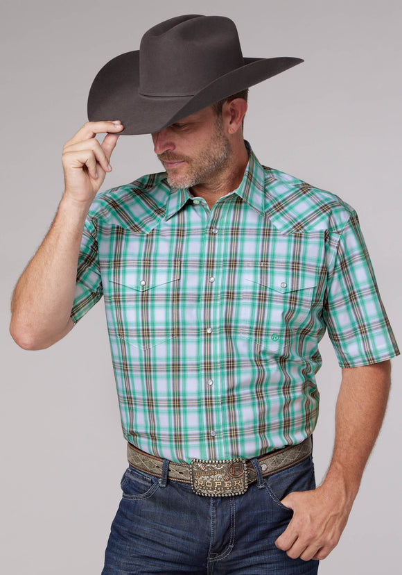 MENS SHORT SLEEVE SNAP COLD SPRINGS PLAID WESTERN SHIRT