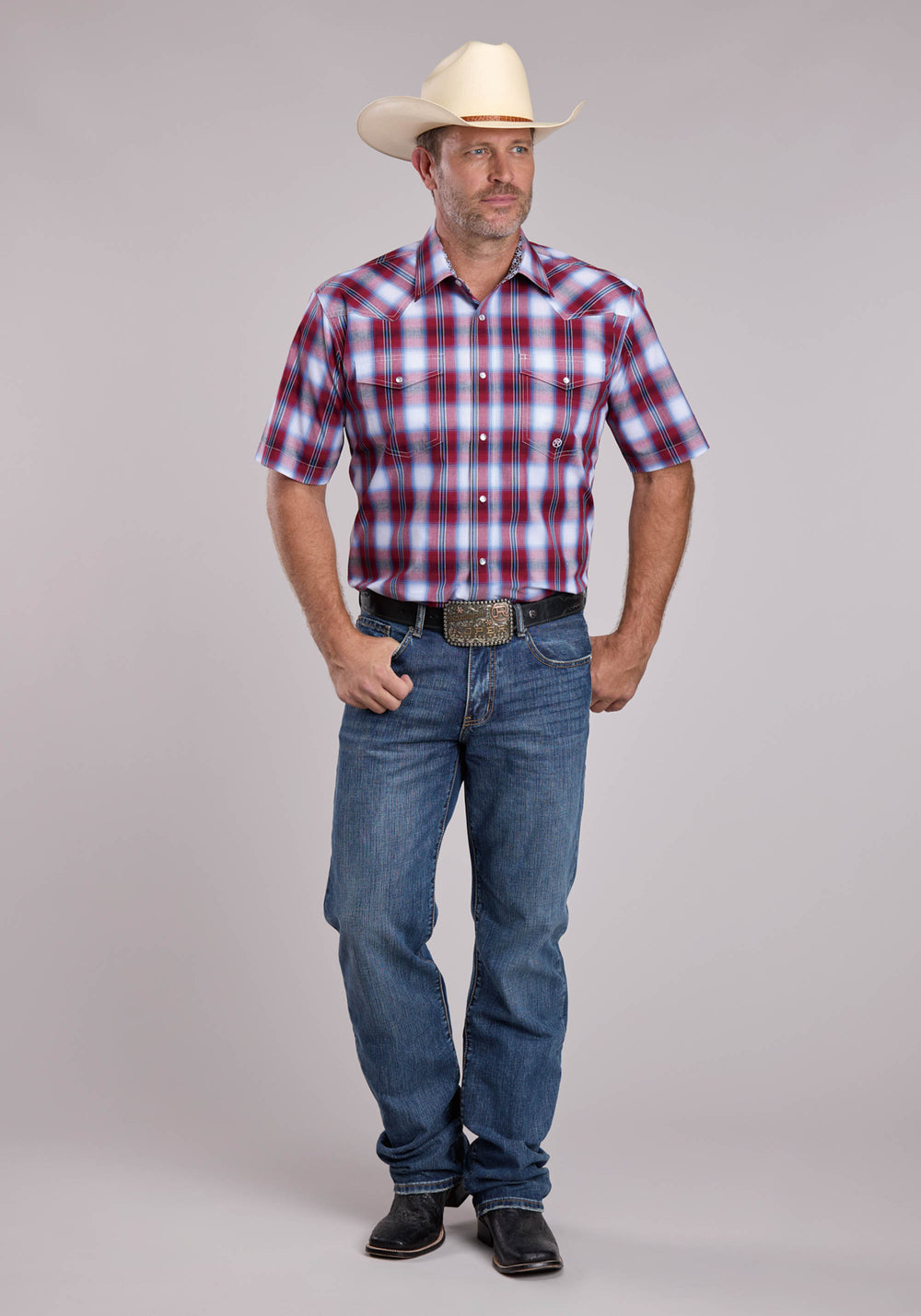 MENS ROPER BALL PARK PLAID SHORT SLEEVE SNAP SHIRT
