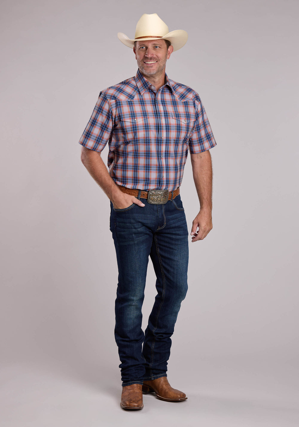 MENS ROPER BREEZY PLAID SHORT SLEEVE SNAP SHIRT