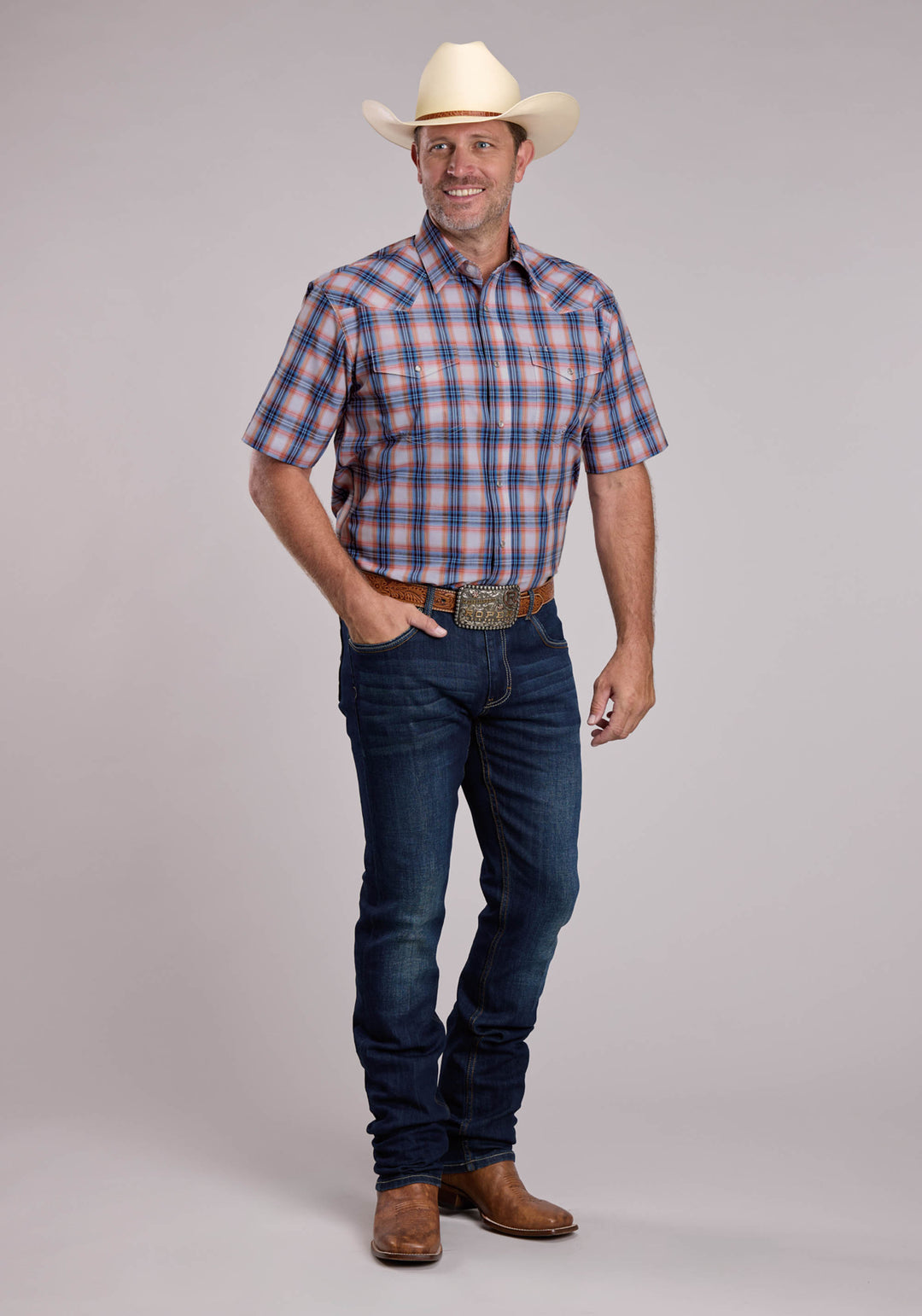 MENS ROPER BREEZY PLAID SHORT SLEEVE SNAP SHIRT