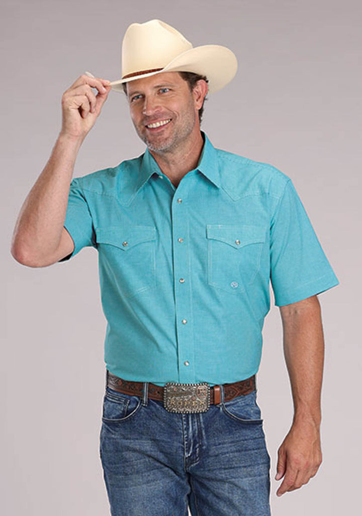 MENS STRETCH MINI CHECK - TURQUOISE SHORT SLEEVE SNAP WESTERN SHIRT