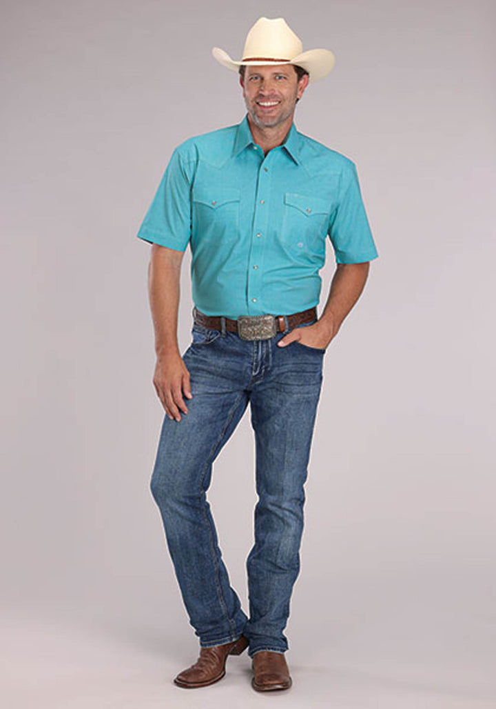 MENS STRETCH MINI CHECK - TURQUOISE SHORT SLEEVE SNAP WESTERN SHIRT
