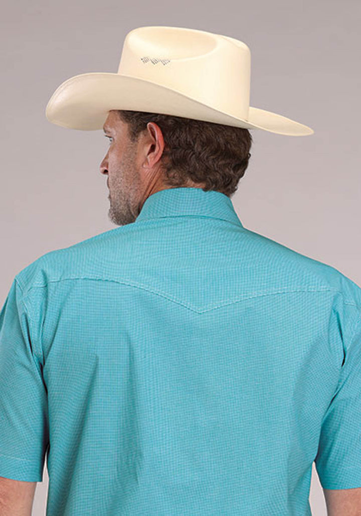 MENS STRETCH MINI CHECK - TURQUOISE SHORT SLEEVE SNAP WESTERN SHIRT