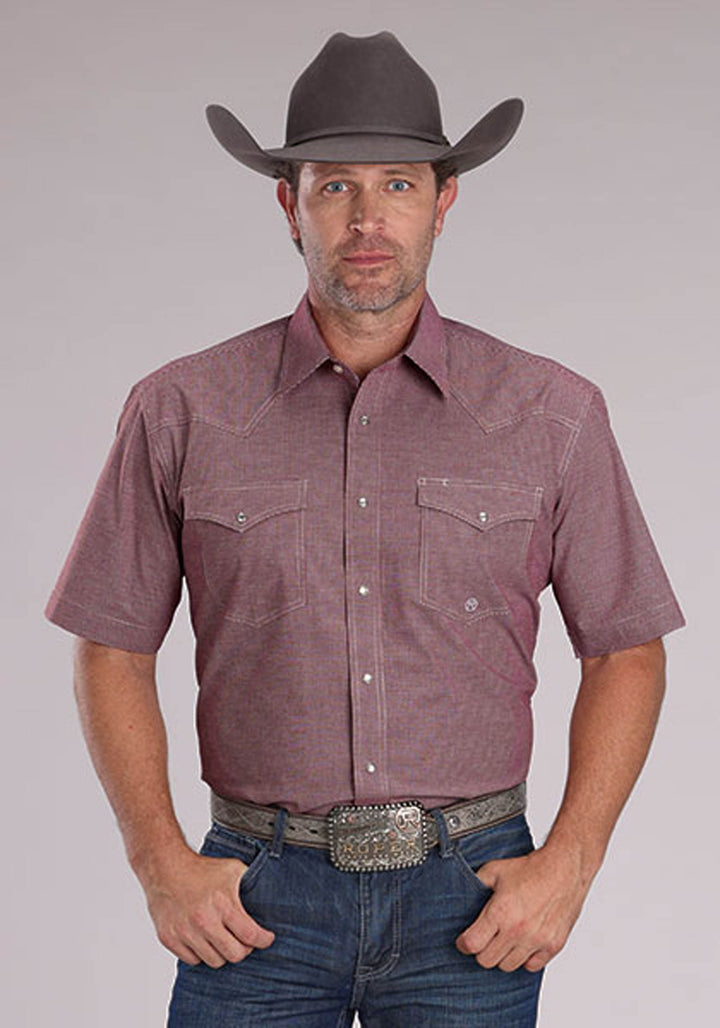 MENS STRETCH MINI CHECK - WINE SHORT SLEEVE SNAP WESTERN SHIRT