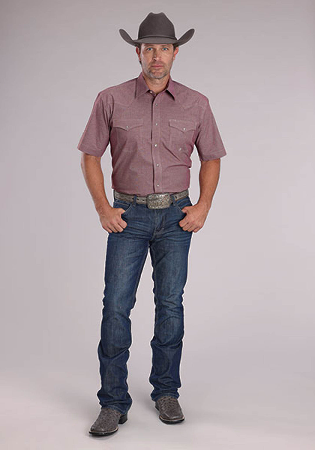 MENS STRETCH MINI CHECK - WINE SHORT SLEEVE SNAP WESTERN SHIRT