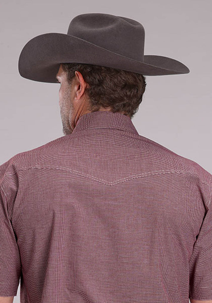 MENS STRETCH MINI CHECK - WINE SHORT SLEEVE SNAP WESTERN SHIRT
