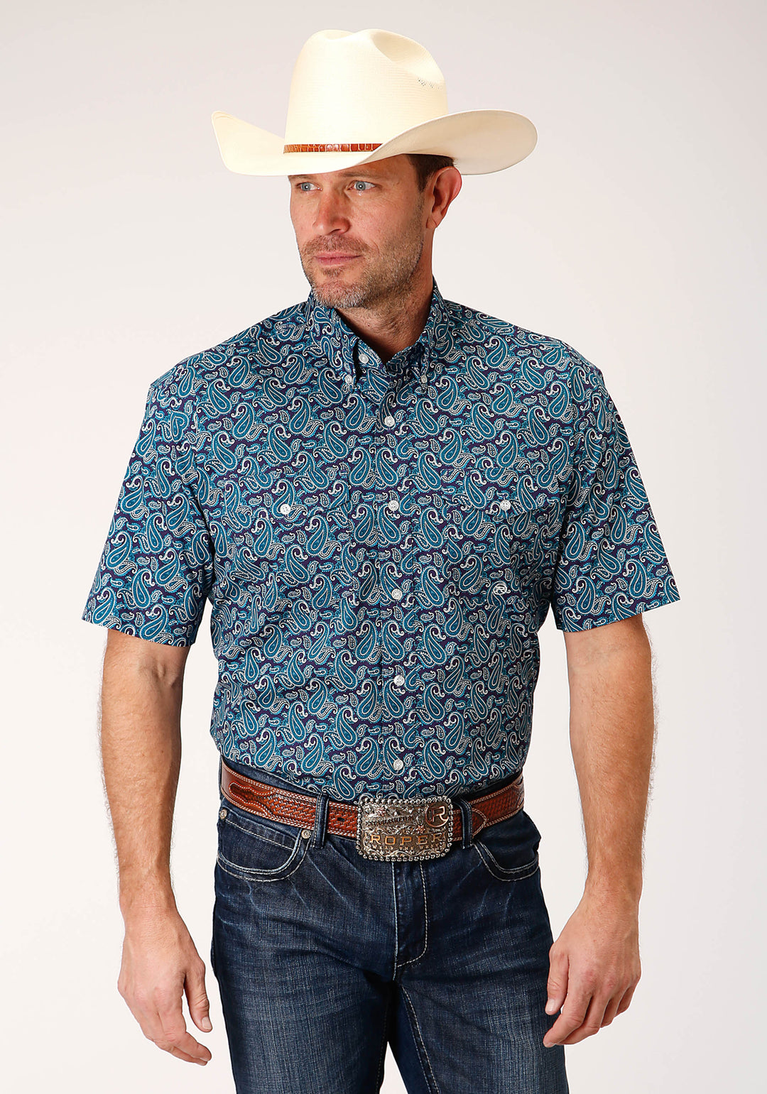 MENS SHORT SLEEVE BUTTON PURPLE SAGE PAISLEY WESTERN SHIRT