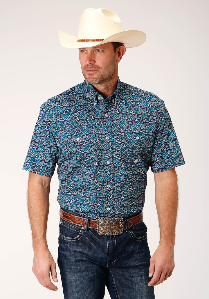 MENS SHORT SLEEVE BUTTON PURPLE SAGE PAISLEY WESTERN SHIRT