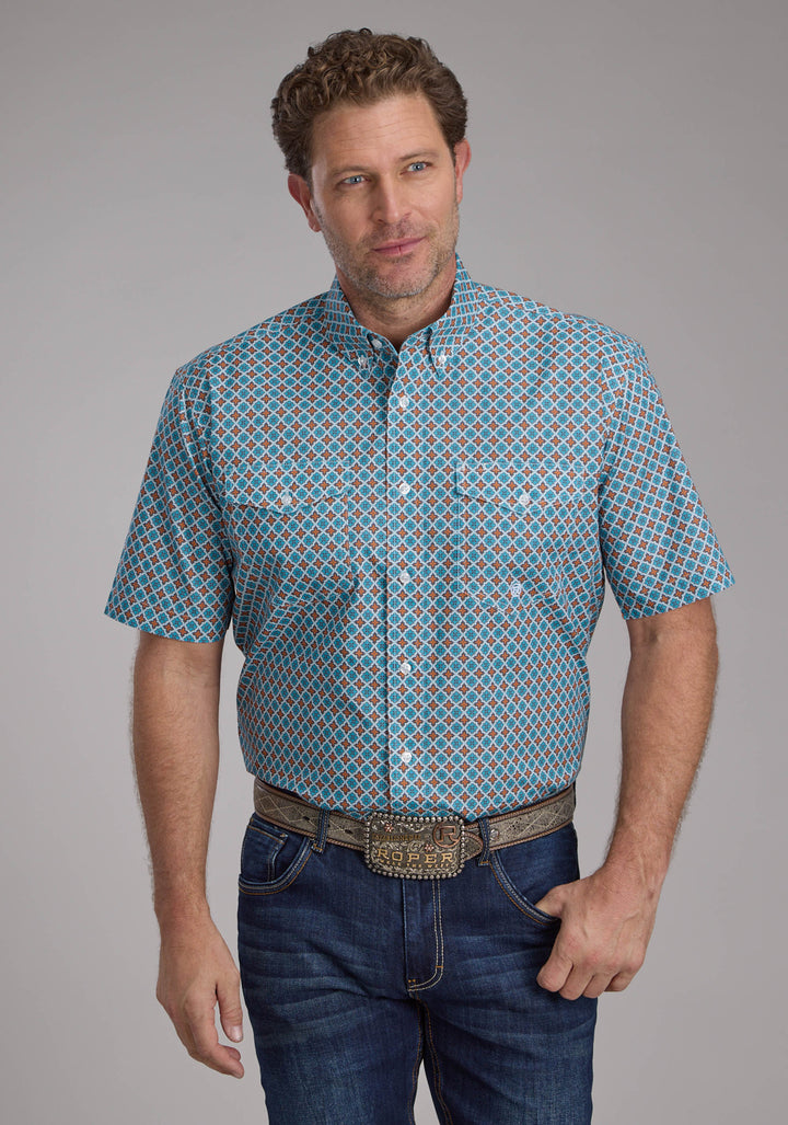 MENS TURQUOISE TILE FOULARD SHORT SLEEVE BUTTON WESTERN SHIRT