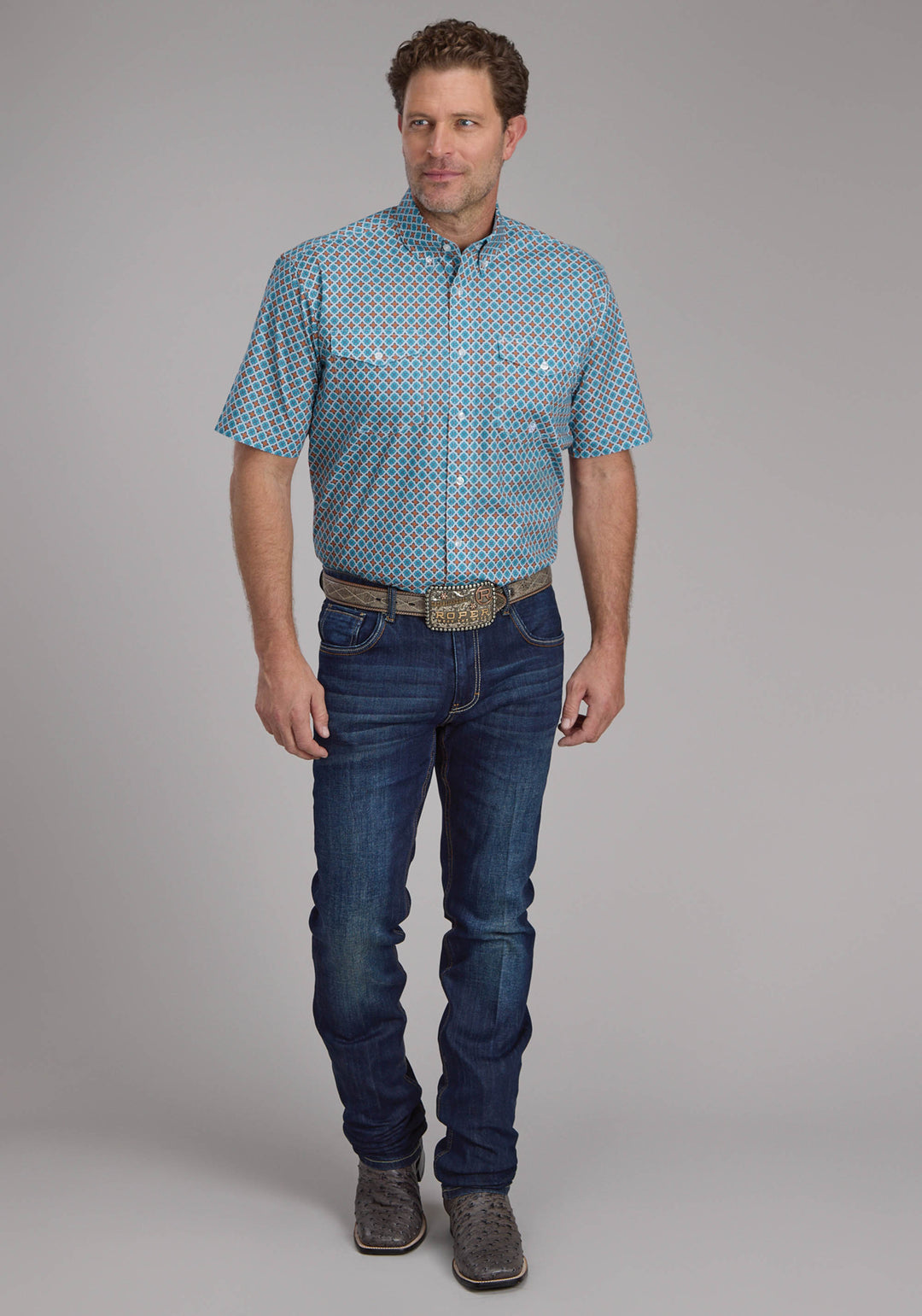MENS TURQUOISE TILE FOULARD SHORT SLEEVE BUTTON WESTERN SHIRT