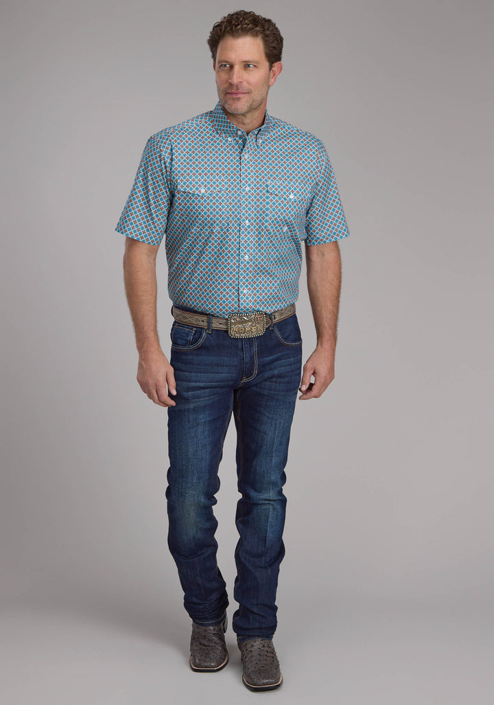 MENS TURQUOISE TILE FOULARD SHORT SLEEVE BUTTON WESTERN SHIRT