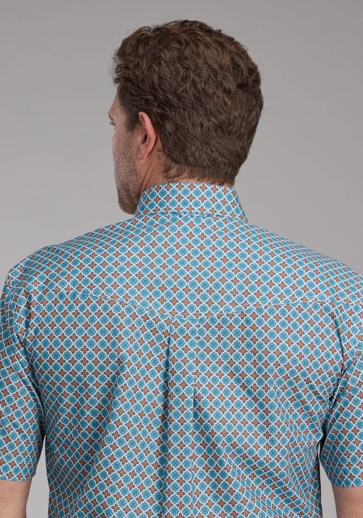 MENS TURQUOISE TILE FOULARD SHORT SLEEVE BUTTON WESTERN SHIRT