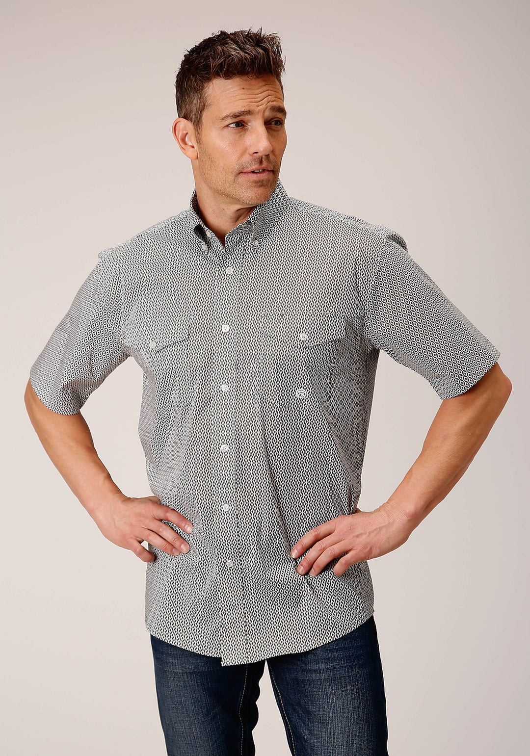 MENS SHORT SLEEVE BUTTON CLIMBING DIAMOND WESTERN SHIRT