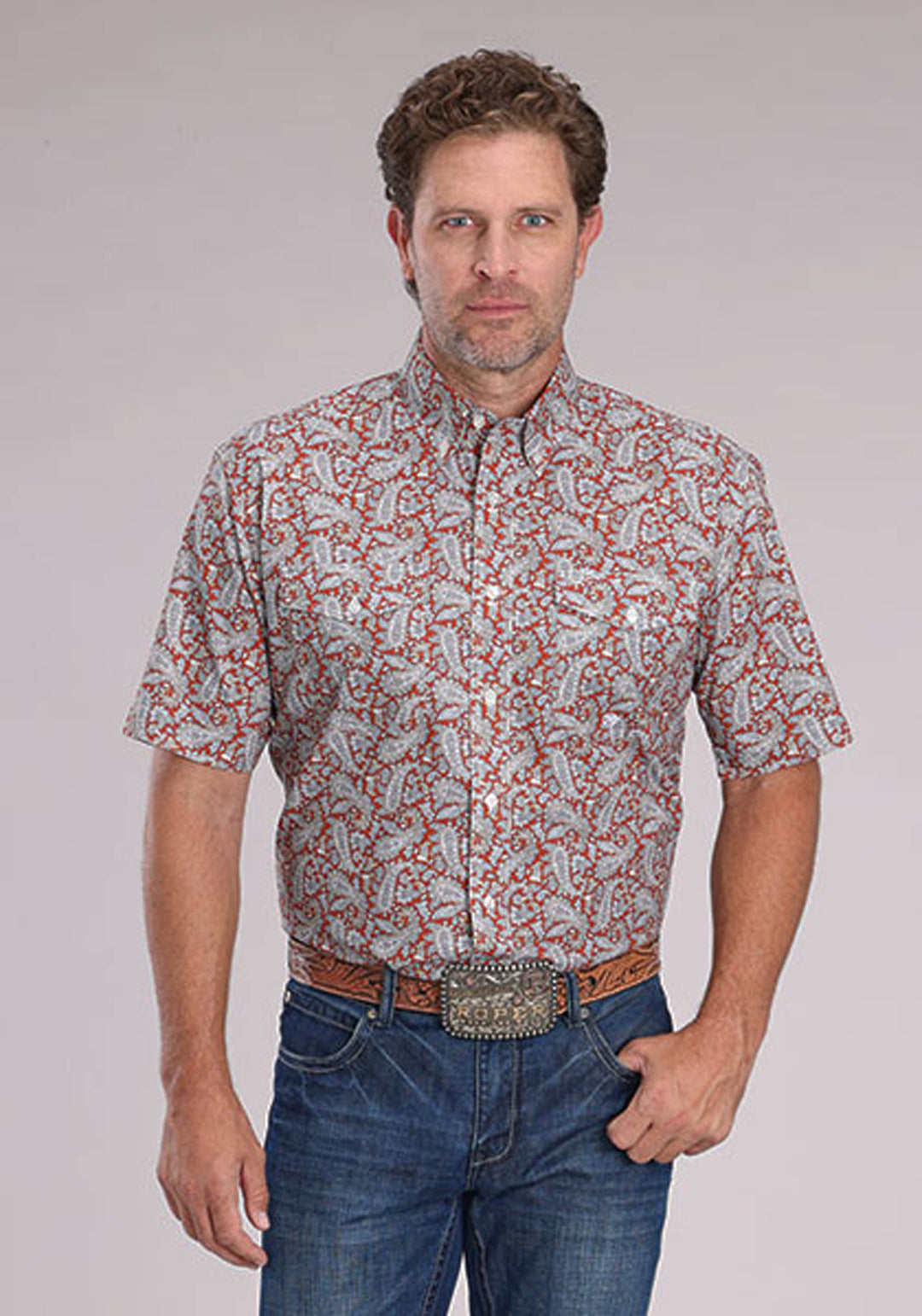 MENS SHORT SLEEVE BUTTON CLAY PAISLEY WESTERN SHIRT