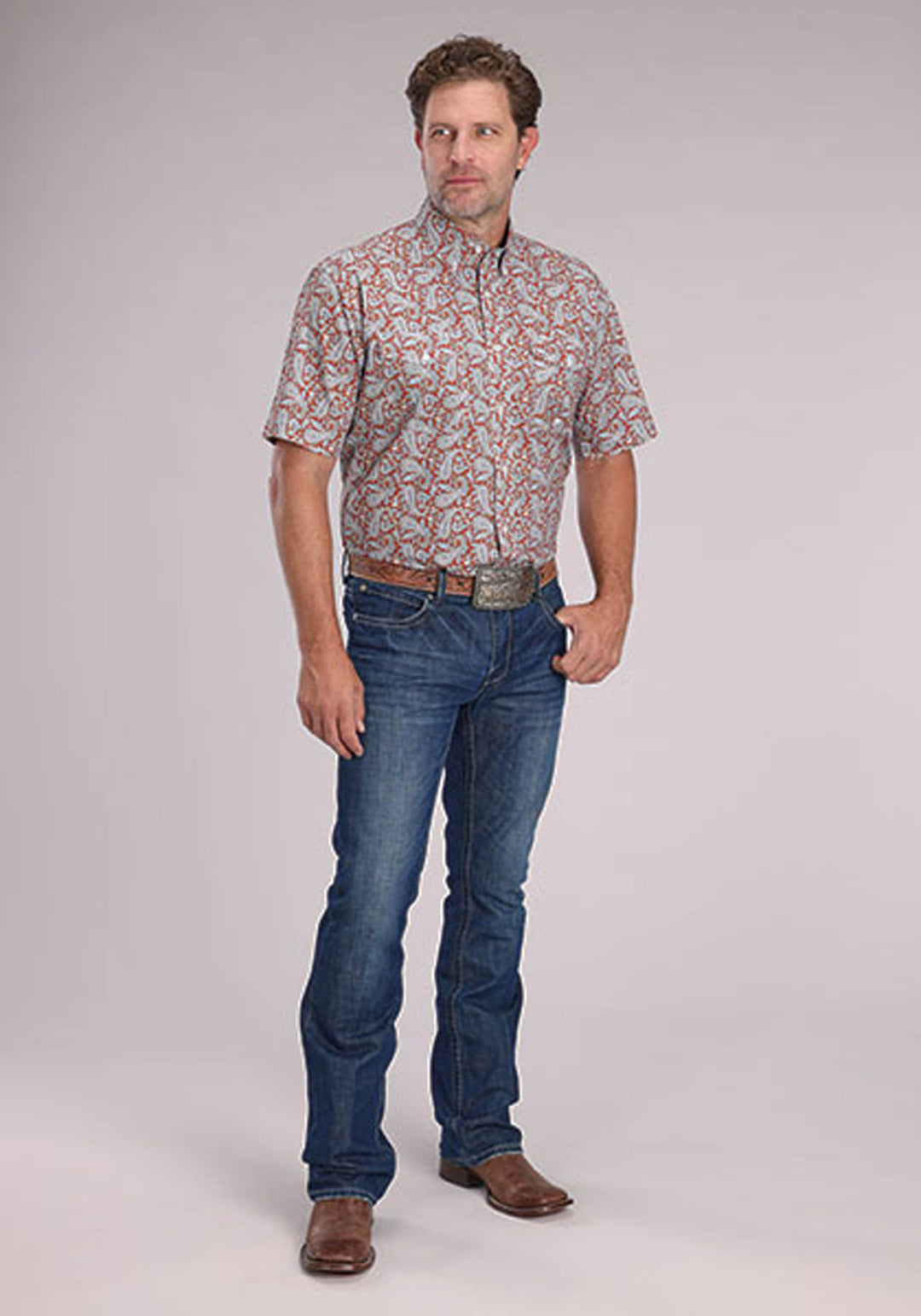 MENS SHORT SLEEVE BUTTON CLAY PAISLEY WESTERN SHIRT