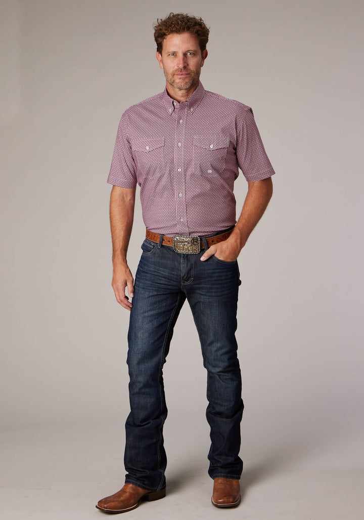 MENS SHORT SLEEVE BUTTON STRETCH NEAT RED WESTERN SHIRT