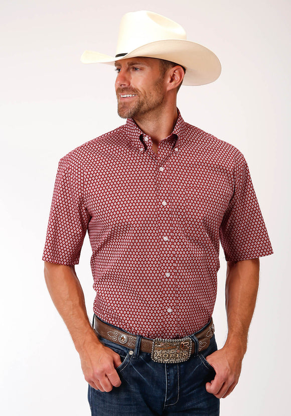 MENS RED AND WHITE FOULARD PRINT SHORT SLEEVE WESTERN BUTTON SHIRT