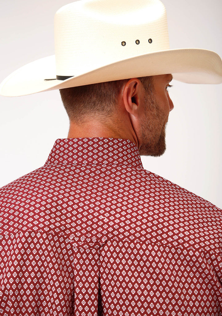 MENS RED AND WHITE FOULARD PRINT SHORT SLEEVE WESTERN BUTTON SHIRT