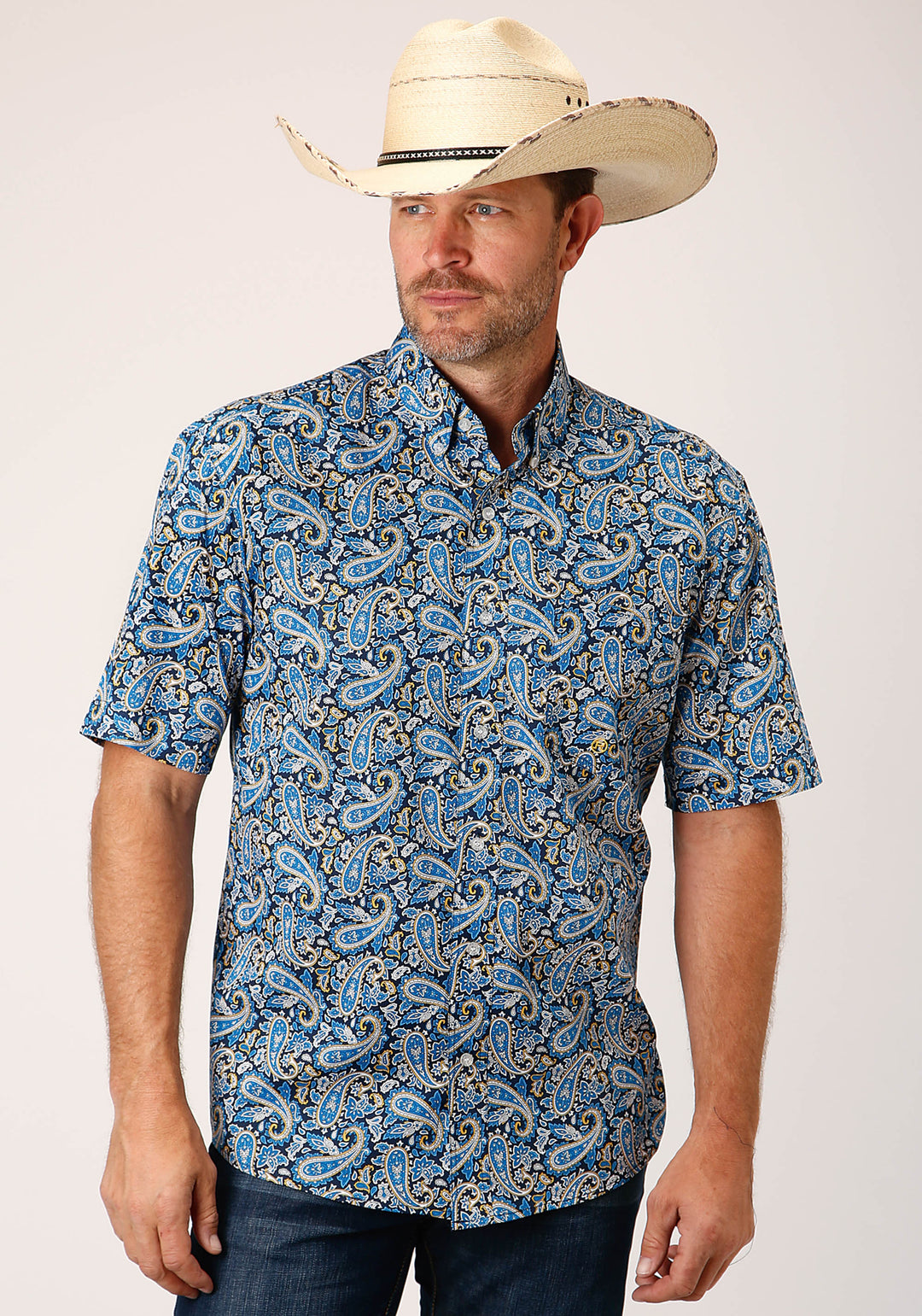 MENS SHORT SLEEVE BUTTON AMARILLO PAISLEY WESTERN SHIRT
