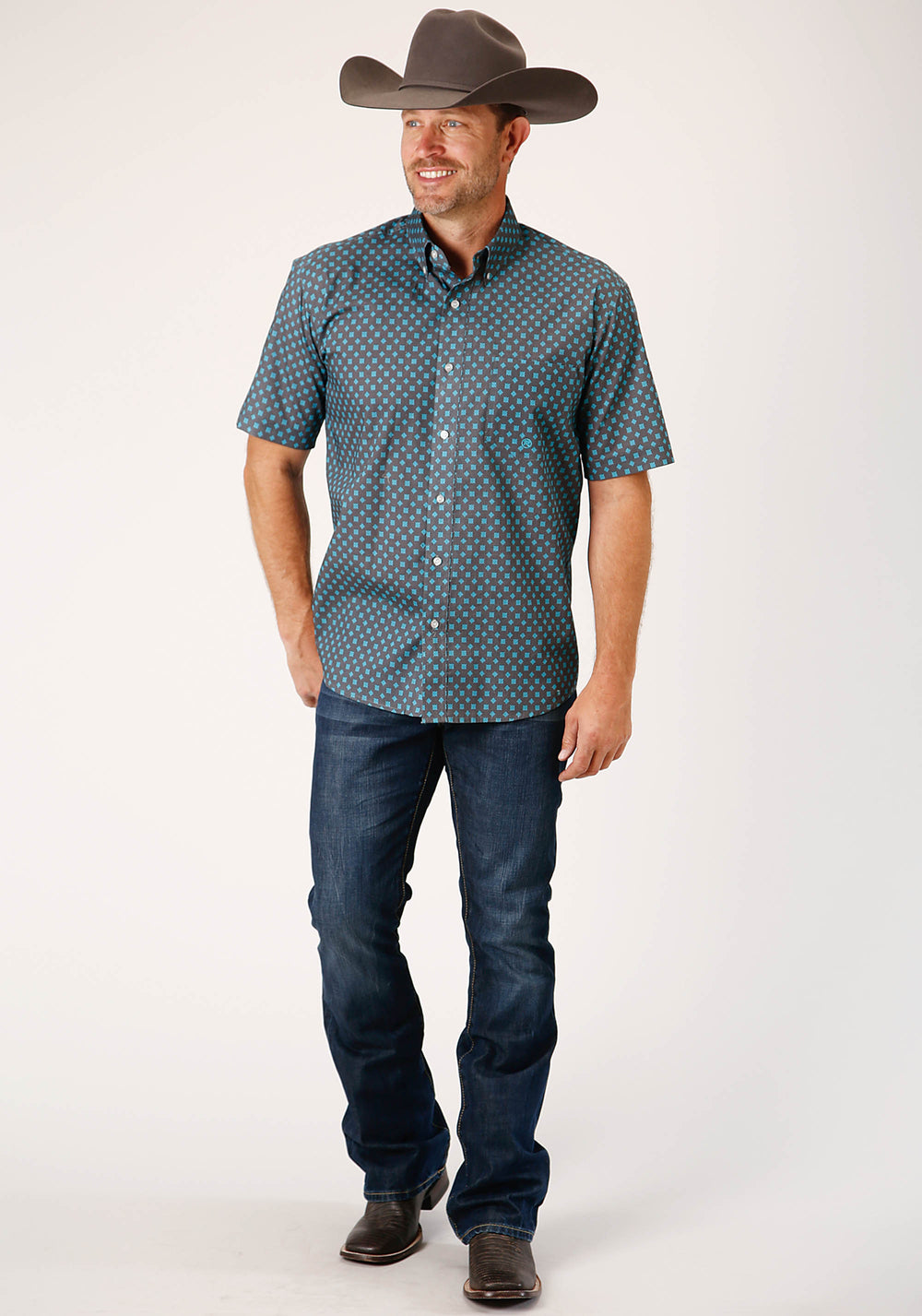 MENS SHORT SLEEVE BUTTON GREY COTTAGE FOULARD WESTERN SHIRT