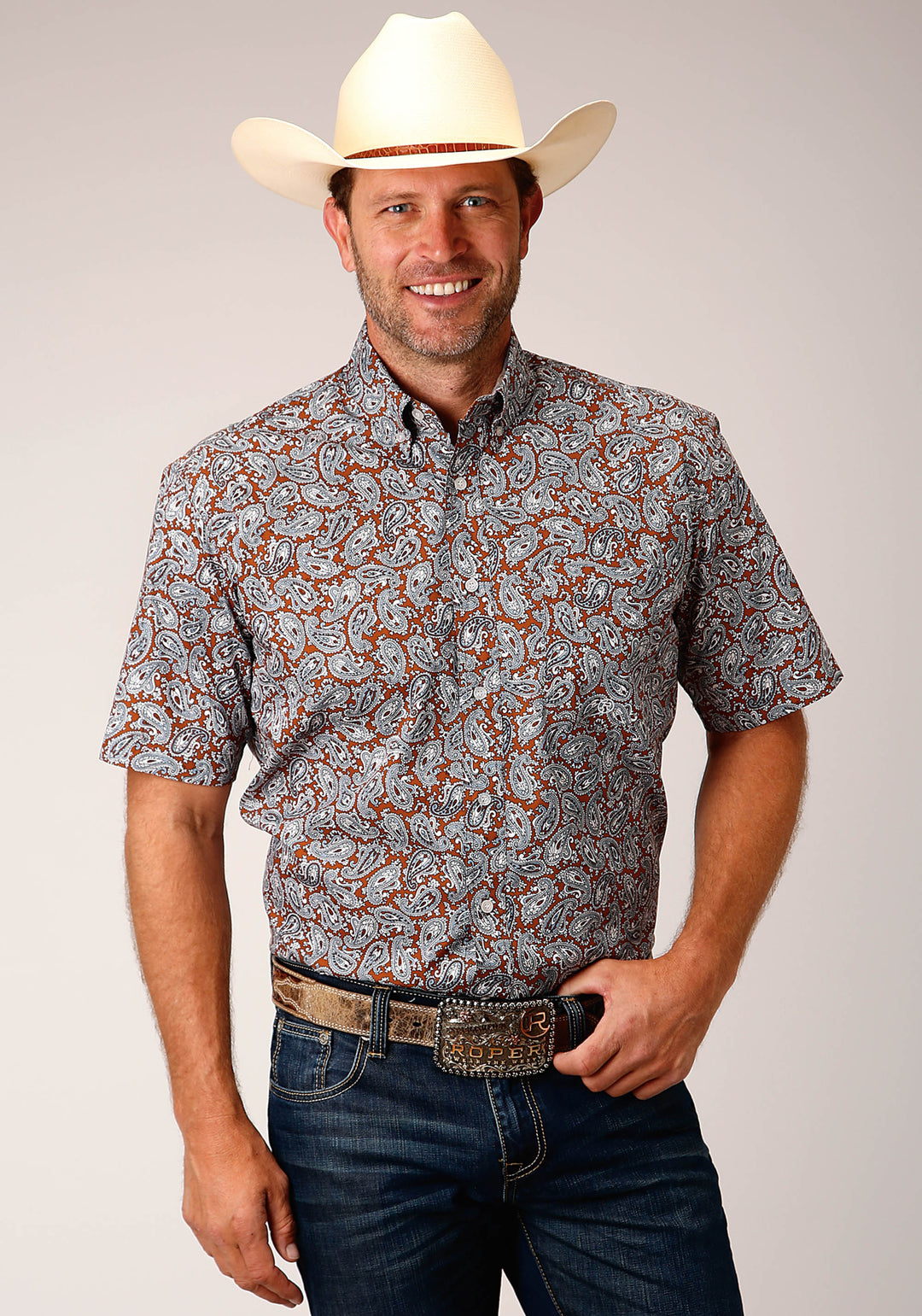 MENS SHORT SLEEVE BUTTON COPPER SPRING PAISLEY WESTERN SHIRT