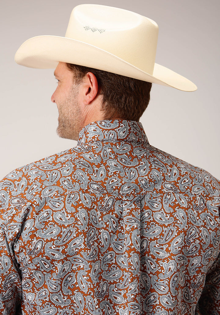 MENS SHORT SLEEVE BUTTON COPPER SPRING PAISLEY WESTERN SHIRT