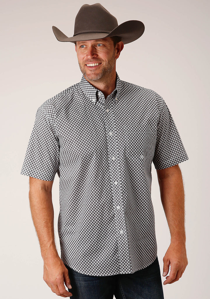 MENS SHORT SLEEVE BUTTON DIAMOND STAR GEO  GREY WESTERN SHIRT