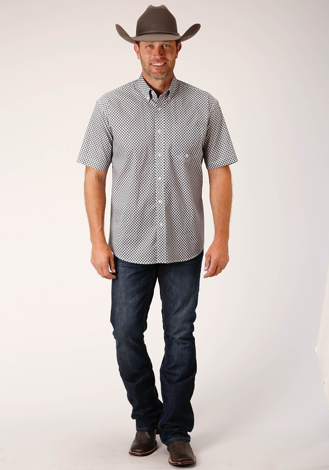 MENS SHORT SLEEVE BUTTON DIAMOND STAR GEO  GREY WESTERN SHIRT