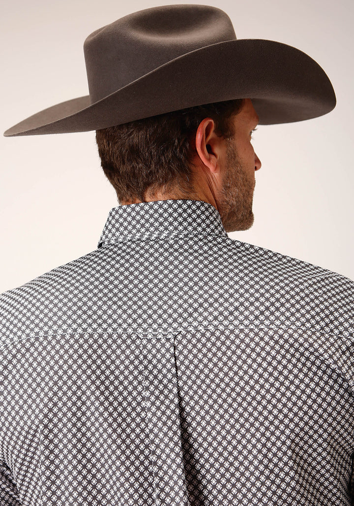 MENS SHORT SLEEVE BUTTON DIAMOND STAR GEO  GREY WESTERN SHIRT