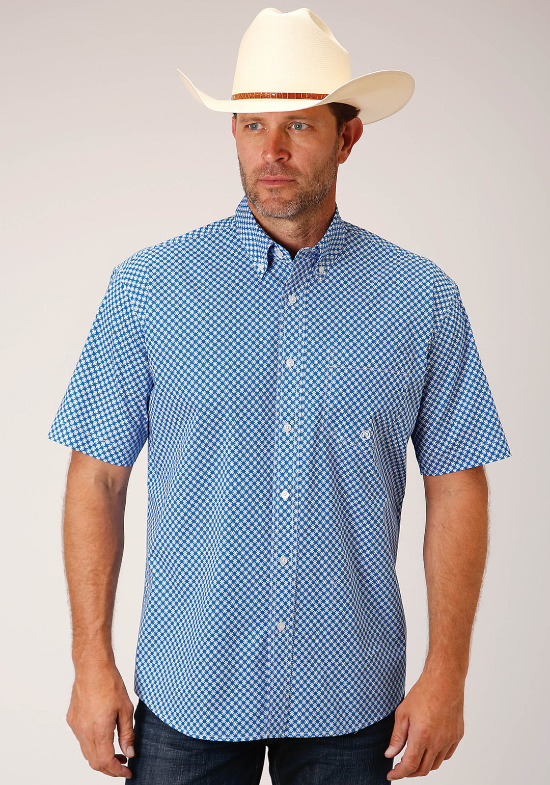 MENS SHORT SLEEVE BUTTON DIAMOND STAR GEO  BLUE WESTERN SHIRT