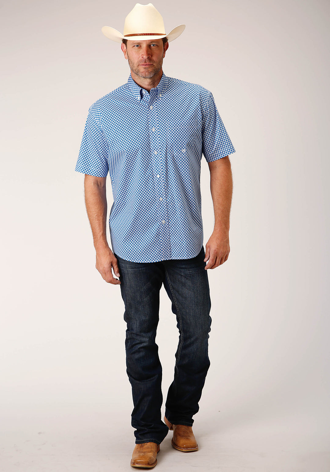 MENS SHORT SLEEVE BUTTON DIAMOND STAR GEO  BLUE WESTERN SHIRT