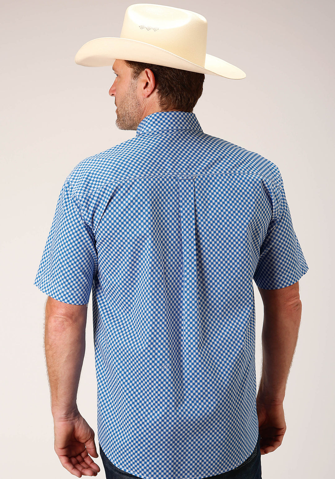 MENS SHORT SLEEVE BUTTON DIAMOND STAR GEO  BLUE WESTERN SHIRT